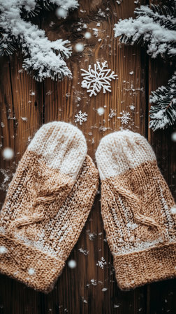 Cozy knitted mittens lie on a rustic wooden table surrounded by snowflakes and pine branches during winterの素材