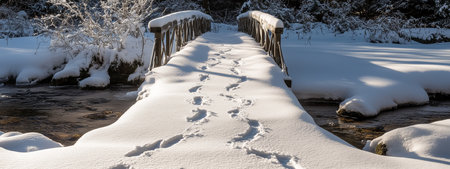 A serene winter scene featuring a snow-covered bridge over a stream, with footprints leading through the snow in a peaceful forest settingの素材