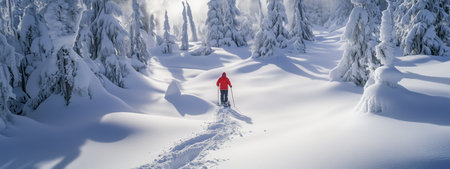 A person snowshoeing through a serene, snow-covered forest in winter sunlightの素材