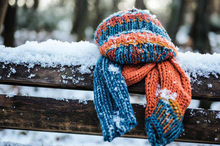 Colorful knitted hat and scarf resting on a snowy bench in a forest during winterの素材
