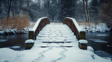 A snow-covered bridge leads across a frozen pond in a tranquil winter landscape at dawnの素材