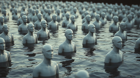 Surreal landscape filled with numerous life-sized figures standing in still water during twilight hoursの素材