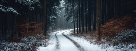 A winding path through a quiet snow-covered forest during a foggy winter morning in a serene woodland areaの素材