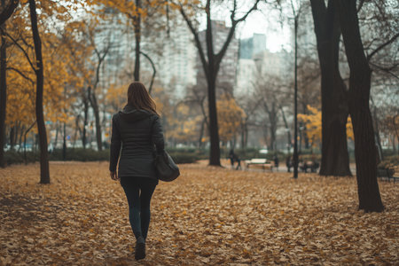 A woman walks through a park covered in autumn leaves while surrounded by tall trees and city buildings in the distance during the fall seasonの素材