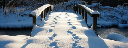 Footsteps across a snow-covered bridge in a serene winter landscape at dawn near a quiet streamの素材