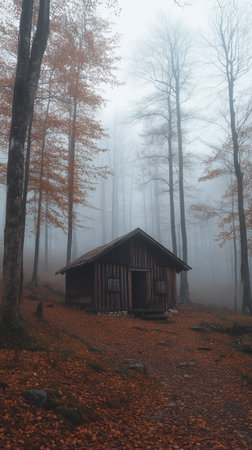 A solitary wooden cabin in a foggy forest during autumn with falling leaves and tall trees creating an eerie atmosphereの素材