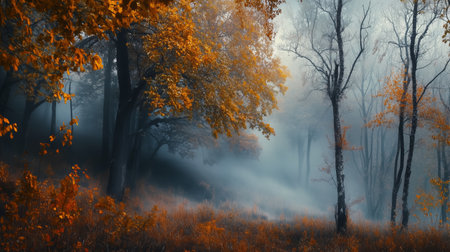 Misty autumn forest with vibrant orange foliage and soft fog creating a tranquil atmosphere during a serene morningの素材