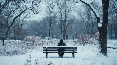 A solitary figure sits on a park bench amidst falling snow in a quiet urban park during winterの素材