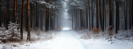 A tranquil winter forest path lined with snow-covered trees in the early morning lightの素材