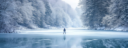 A solitary figure gliding on a frozen lake surrounded by snow-covered trees in a winter landscapeの素材