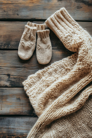 Cozy knitted sweater and baby booties on wooden surface ready for the winter season at homeの素材