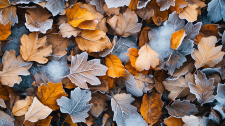 Frost-covered autumn leaves scattered on the ground in a serene forest setting during early morning lightの素材