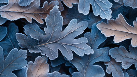 Beautiful frost-covered blue leaves in a natural setting during early morning lightの素材