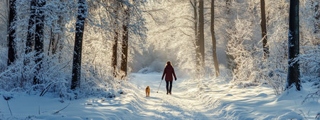 A person walks with a dog along a snowy forest path during a winter morning filled with soft sunlight and frosty treesの素材