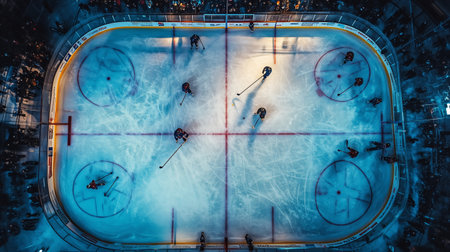 Aerial view of ice hockey players competing fiercely in a well-lit arena during a night gameの素材