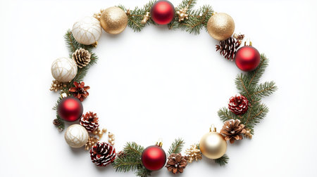 Festive Christmas wreath adorned with ornaments and pinecones against a white backgroundの素材
