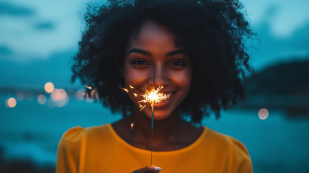 A young woman smiles joyfully while holding a sparkler near the water during twilight on a summer eveningの素材