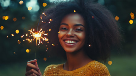 A young woman joyfully holding a sparkler while smiling in a festive outdoor setting during evening hoursの素材