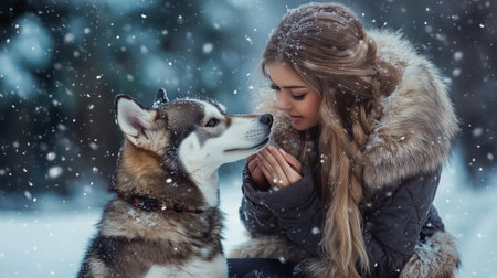 A woman in winter attire shares a moment with her dog amidst falling snow in a serene outdoor settingの素材