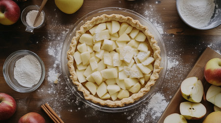 Freshly made apple pie ready for baking with a rustic kitchen setup featuring apples and flourの素材