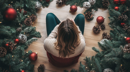 A woman sits surrounded by holiday decorations, including pine branches and red ornaments, reflecting on winter festivities at homeの素材
