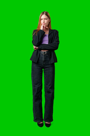 Woman With Long Hair Contemplating While Posing Against a Green Screenの写真素材