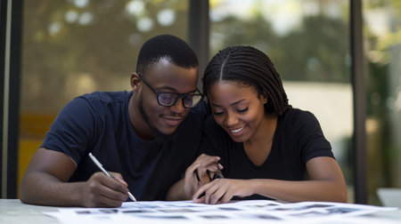 A couple collaborates on creative projects outdoors during a sunny afternoon, sharing ideas and smiles while reviewing materials togetherの素材