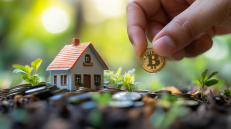 Hand placing a Bitcoin beside a small house model in a green garden settingの素材