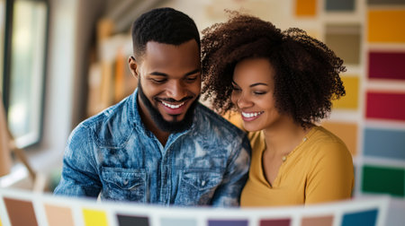 Couple selecting paint colors together in a vibrant, creative studio surrounded by various paint swatches during the daytimeの素材