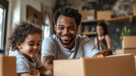 Father and daughter delightfully unpack boxes together in a cozy, sunlit living room filled with moving suppliesの素材