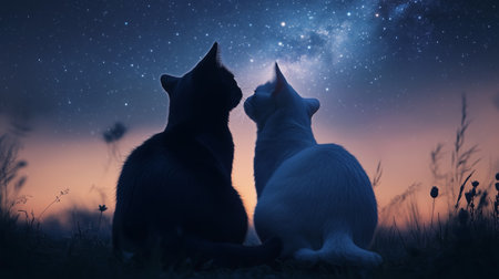 Two cats gazing at a starry night sky together in a serene meadow during twilight, creating a peaceful, magical atmosphereの素材