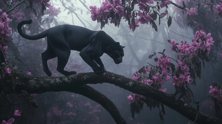 A black panther stealthily prowls along a misty branch surrounded by blooming purple flowers in a tranquil forest setting at dawnの素材