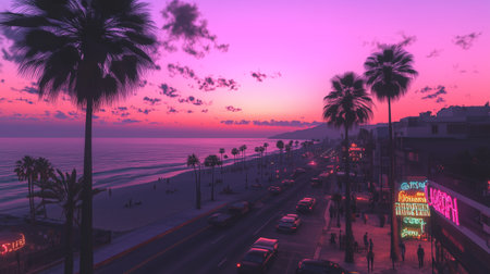 A vibrant sunset over a coastal highway with palm trees and lively beachside activity in California during twilight hoursの素材