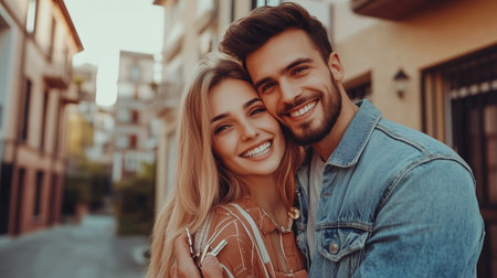 Happy couple embraces in a charming urban alley during golden hour, showcasing joy and affection in a vibrant neighborhoodの素材