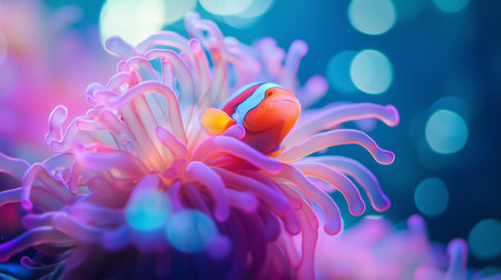 Clownfish nestled among vibrant anemone tentacles in a colorful underwater habitatの素材