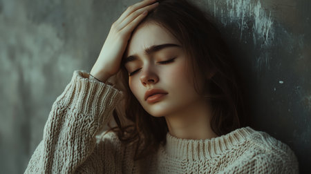 A young woman wearing a cozy sweater leans against a wall, holding her head in a moment of contemplation or sadness in soft natural lightの素材