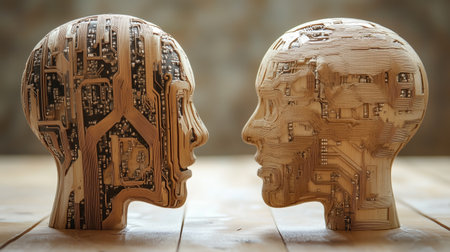 Two wooden heads with intricate circuit patterns facing each other, symbolizing the intersection of technology and humanityの素材