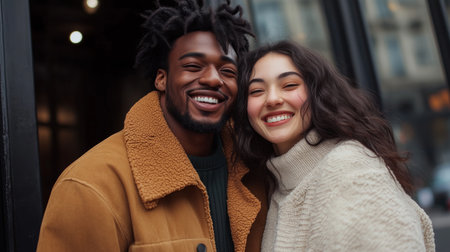 Joyful couple sharing a warm moment in a cozy urban cafe during a bright afternoon in the cityの素材
