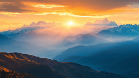 Breathtaking sunset over mountain range with golden skies and hazy peaks in twilight hoursの素材