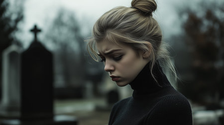 A young woman reflecting in a cemetery on a cloudy day, conveying a sense of contemplation and remembranceの素材