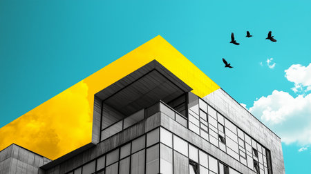 Modern architectural structure with a vibrant yellow accent under a blue sky with flying birdsの素材