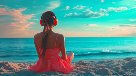A young woman relaxing on a sandy beach while enjoying music through headphones during a colorful sunset by the oceanの素材