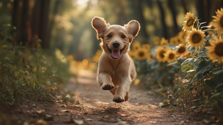 Golden retriever puppy joyfully running along a sunlit path lined with sunflowers in a lush forest during the afternoonの素材