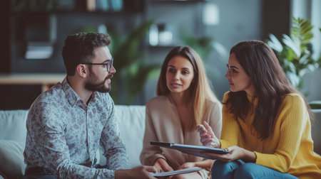 Group of three adults engaged in a discussion while sitting comfortably in a cozy modern living room during the afternoonの素材