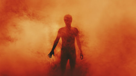 A silhouette of a person shrouded in vibrant orange fog at dusk, creating a dramatic and mysterious atmosphereの素材