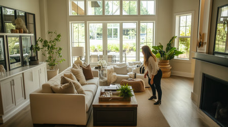 A cozy living room with large windows, a comfortable sofa, and a woman arranging decor on a coffee table during daylightの素材
