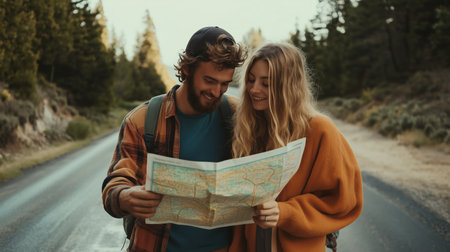 Young couple studying a map together on a winding road surrounded by trees during a sunny day in natureの素材