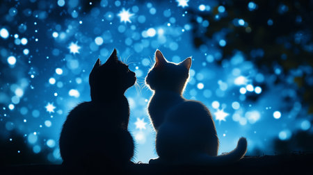 Two silhouetted cats gazing at twinkling stars under a night sky filled with shimmering lightの素材