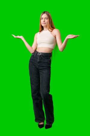 Young Woman Gesturing With Both Hands Against A Green Screenの写真素材