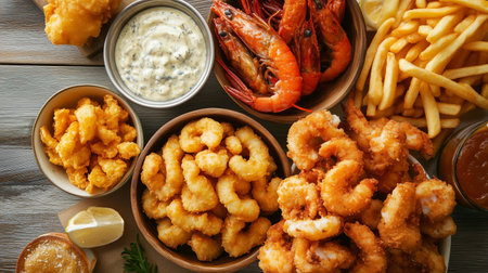 A delightful seafood platter featuring shrimp, crawfish, fries, and dipping sauces served on a wooden tableの素材